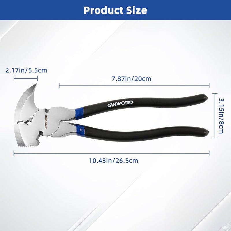 GINWORD Fencing Pliers,10.4 Inch Multi Fence Tool,Hammer Head, Wire Cutter Heavy Duty Fence Pliers,Nail Puller Pliers,Staple Puller,Fence Cutting Tools - Image 2